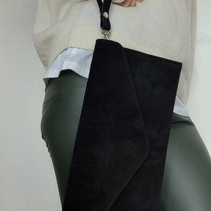 Genuine Suede Leather Evening Envelope Black Clutch Bag Crossbody Shoulder Handbags Bridesmaid Gift Versatile Elegant Wristlet & Chain Strap zdjęcie 10