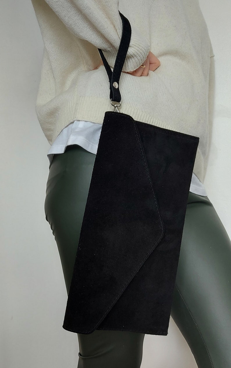 Genuine Suede Leather Evening Envelope Black Clutch Bag Crossbody Shoulder Handbags Bridesmaid Gift Versatile Elegant Wristlet & Chain Strap image 10