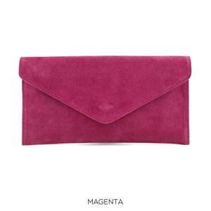 Genuine Italian Suede Leather Evening Envelope Magenta Clutch Shoulder Bag Fuchsia Bridesmaid Gift Versatile Elegant Wristlet & Chain Strap