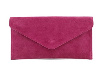 Genuine Italian Suede Leather Evening Envelope Magenta Clutch Shoulder Bag Fuchsia Bridesmaid Gift Versatile Elegant Wristlet & Chain Strap