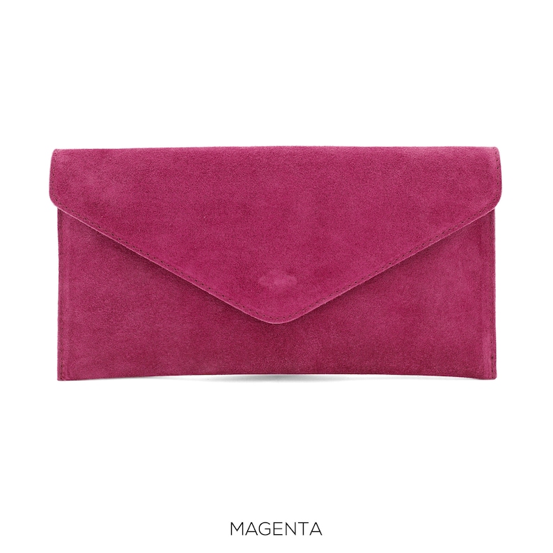 Genuine Italian Suede Leather Evening Envelope Magenta Clutch Shoulder Bag Fuchsia Bridesmaid Gift Versatile Elegant Wristlet & Chain Strap image 1