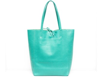Genuine Leather Shopper Bag Large Leather Tote Bag Pebbled Soft Italian Leather Large Leather Bag Practical Everyday Turquoise Leather Bag