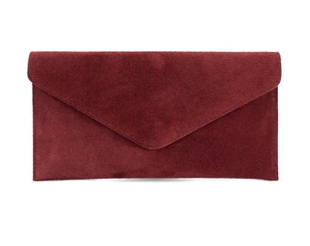 Genuine Suede Leather Evening Envelope Maroon Burgundy Clutch Shoulder Bag Bridesmaid Gift Winter Bridal Elegant Wristlet Chain Strap