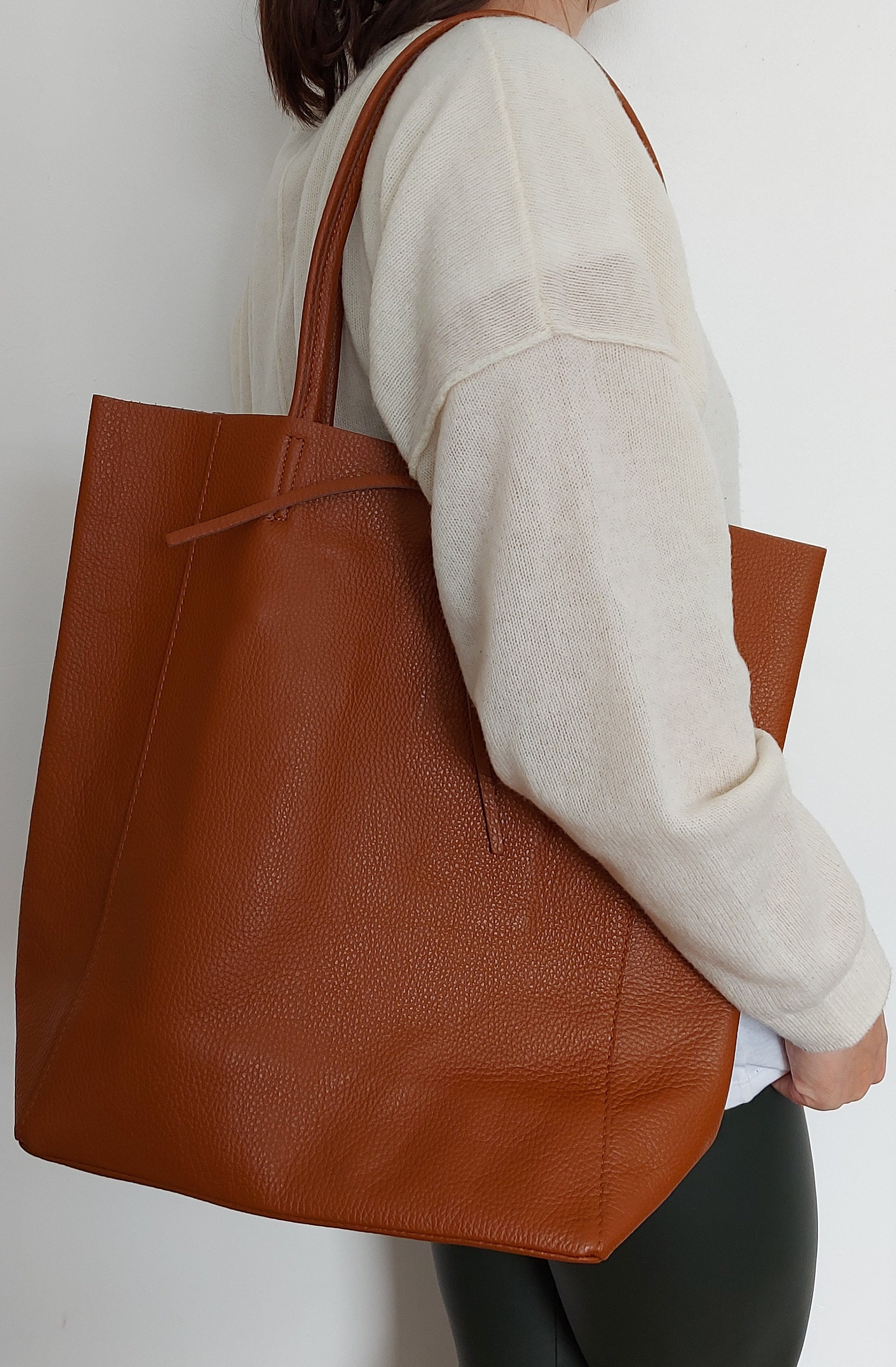 Genuine Leather Shopper Bag Large Leather Tote Bag Pebbled Etsy
