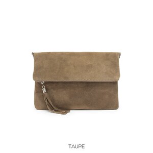 Echtes Wildleder Leder Clutch Tasche Italienisches Leder Crossbody Herbst / Winter Hochzeit Partys Brautjungfern Geschenk Elegante Abendtasche Geschenk Für Sie Taupe