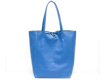Genuine Leather Shopper Bag Large Leather Tote Bag Pebbled Soft Italian Leather Large Leather Bag Practical Everyday Royal Blue Leather Bag