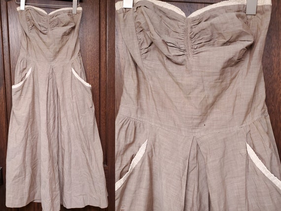1940s Dress S Small Strapless Chambray Dress