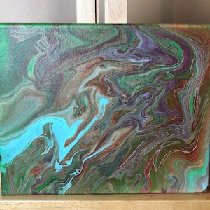 May include: Abstract painting on canvas with swirling patterns in shades of green, blue, brown, and purple.