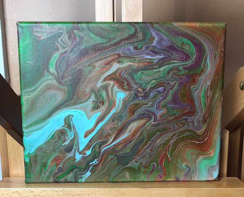 May include: Abstract painting on canvas with swirling patterns in shades of green, blue, brown, and purple.