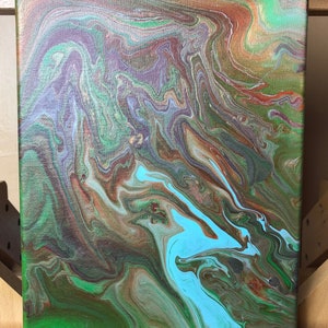 May include: Abstract painting on canvas with swirling patterns in shades of green, brown, blue, and purple.