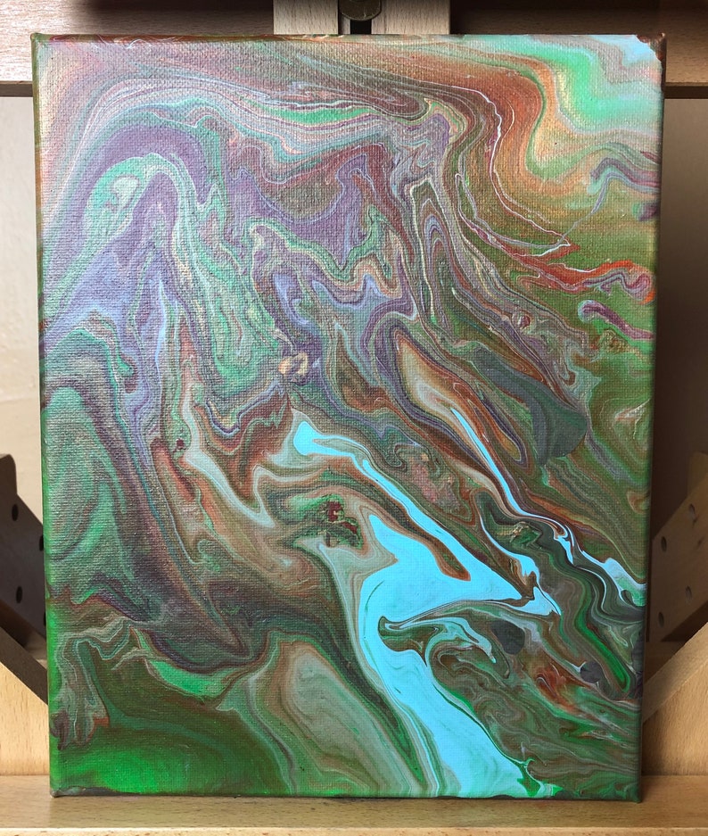 May include: Abstract painting on canvas with swirling patterns in shades of green, brown, blue, and purple.