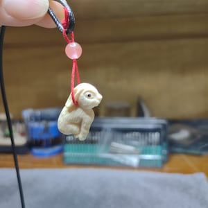 May include: A carved ivory rabbit pendant on a red cord with a pink bead. The pendant is attached to a black cord.