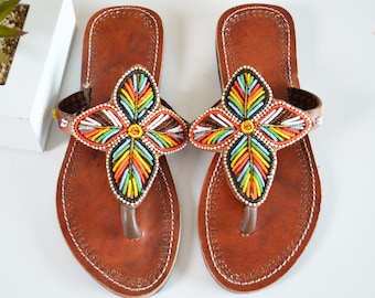 African beaded sandals maasai beaded leather sandals trendy African shoes for women beaded slip-ons African accessories Holiday gift for her