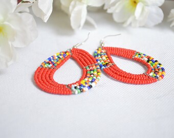 African Maasai beaded red earrings/Traditional African earrings/Kenyan beaded earrings/African  multicolor  earrings/Maasai Kenyan jewelry.