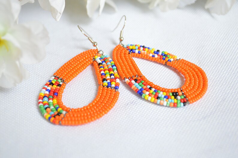 Orange and multi-colored African Maasai beaded earringsTraditional African earringsKenyan beaded earringsAfrican multicolor earrings.