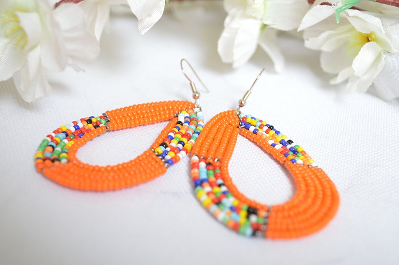Orange and multi-colored African Maasai beaded earringsTraditional African earringsKenyan beaded earringsAfrican multicolor earrings.