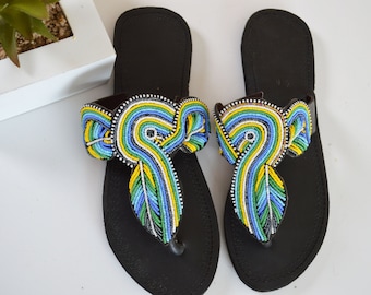 African beaded sandals maasai beaded leather sandals trendy African shoes for women beaded slip-ons African accessories Holiday gift for her