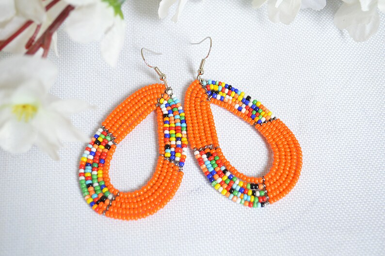 Orange and multi-colored African Maasai beaded earringsTraditional African earringsKenyan beaded earringsAfrican multicolor earrings.