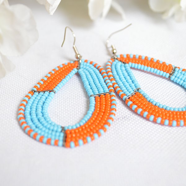 Sky Blue and mustard colored African Maasai beaded earrings/Traditional African earrings/Kenyan beaded earrings/African multicolor earrings.