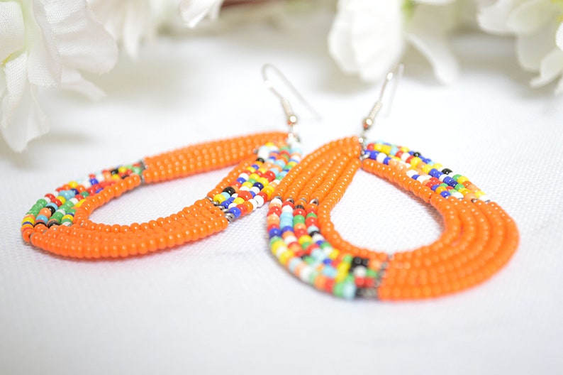Orange and multi-colored African Maasai beaded earringsTraditional African earringsKenyan beaded earringsAfrican multicolor earrings.