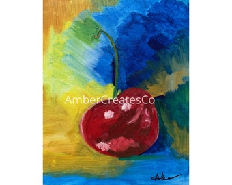 Impression numérique de poudre de cerise, moderne, cadeau, vacances, acrylique, fruit, art abstrait bleu jaune, art imprimable sur acrylique, cerise, peinture, rouge