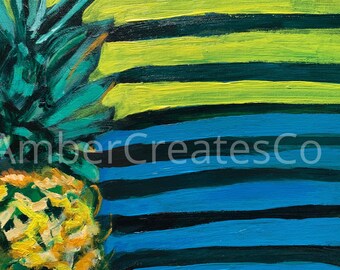 Pineapple Expression Digital Print, Modern, Acrylic Paint, Blue Yellow Abstract Art, Acrylic Printable Art, holiday, Pineapple, Painting