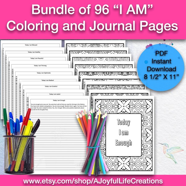 Bundle of 96 positive affirmation printable coloring & journal pages, self empowerment, inner wisdom, womens journal, everyday enlightenment