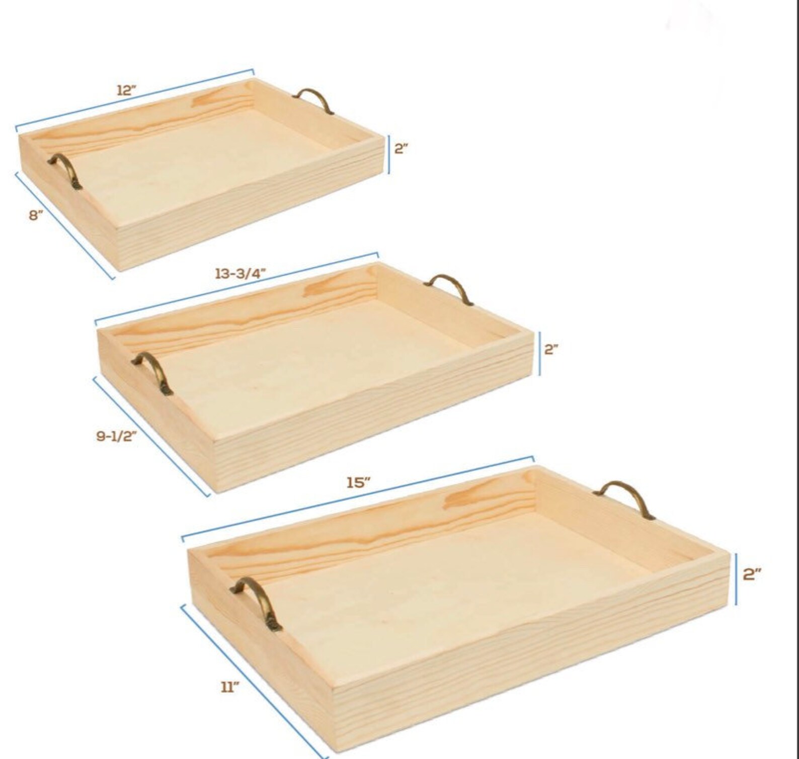 Set of 3 Unfinished Nesting Serving Trays with Metal Handles Etsy