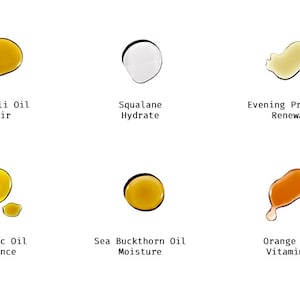 Puede incluir: Seis peque&ntilde;os frascos de vidrio con l&iacute;quidos de diferentes colores, cada uno etiquetado con un tipo de aceite y su beneficio. Los aceites son: Aceite de Pachul&iacute; Reparaci&oacute;n, Escualano Hidrataci&oacute;n, Onagra Renovaci&oacute;n, C&uacute;rcuma Radiante, Espino Amarillo Hidrataci&oacute;n y Naranja Vitamina C.