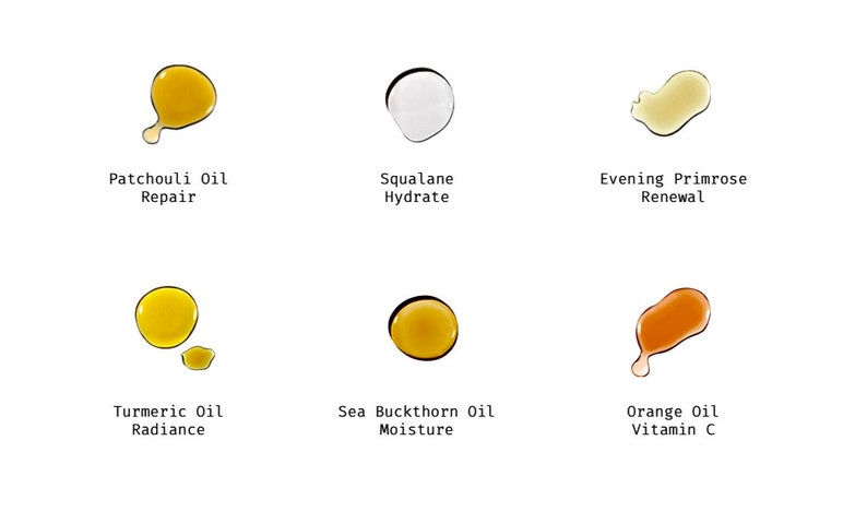 Puede incluir: Seis peque&ntilde;os frascos de vidrio con l&iacute;quidos de diferentes colores, cada uno etiquetado con un tipo de aceite y su beneficio. Los aceites son: Aceite de Pachul&iacute; Reparaci&oacute;n, Escualano Hidrataci&oacute;n, Onagra Renovaci&oacute;n, C&uacute;rcuma Radiante, Espino Amarillo Hidrataci&oacute;n y Naranja Vitamina C.