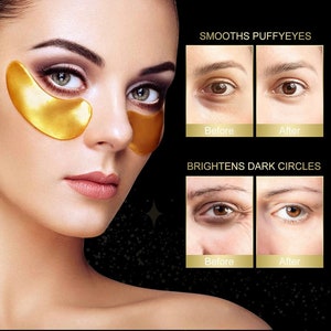 Puede incluir: Parches para debajo de los ojos de oro con im&aacute;genes de antes y despu&eacute;s que muestran los resultados del uso de los parches. El texto de la imagen dice "Suaviza las ojeras" y "Aclara las ojeras".