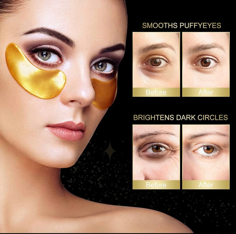 Puede incluir: Parches para debajo de los ojos de oro con im&aacute;genes de antes y despu&eacute;s que muestran los resultados del uso de los parches. El texto de la imagen dice "Suaviza las ojeras" y "Aclara las ojeras".