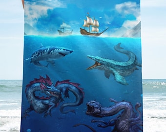 Giant Ocean Monsters Beach Towel - Kraken - Mosasaurus - Leviathan dragon - leviathan - megladon - beach towel