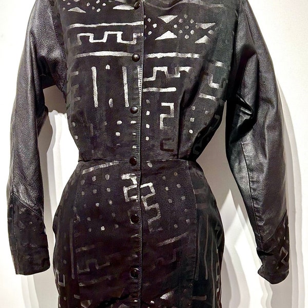 Chordas made in New York 1980s black suede and leather dress with modern geometric pattern. This dress has a great fit. Y2K 80s goth