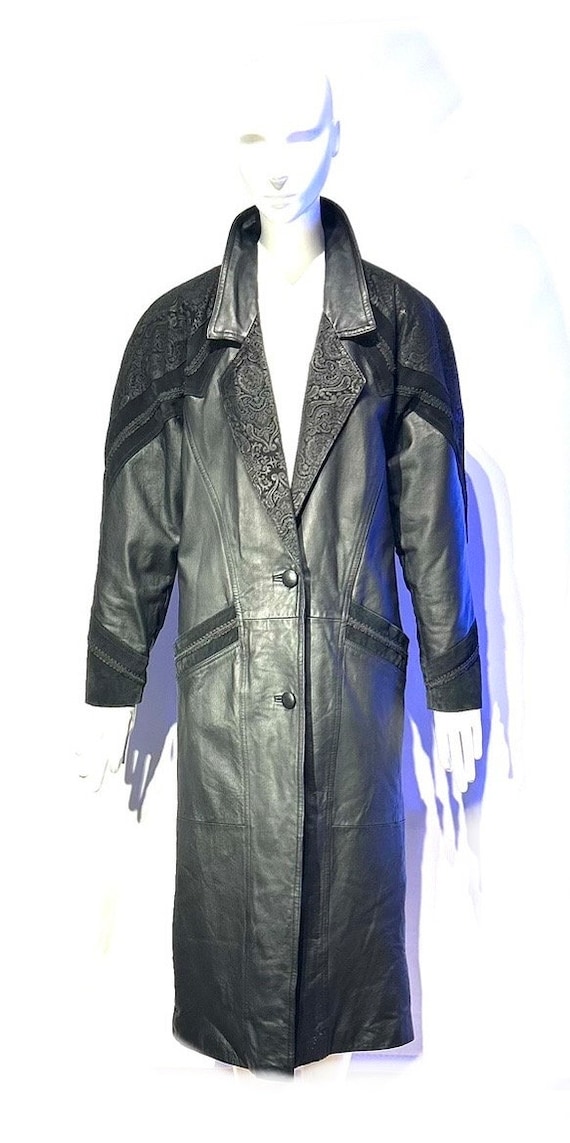 Vintage 1980s Winlet black leather trench coat, 1… - image 1