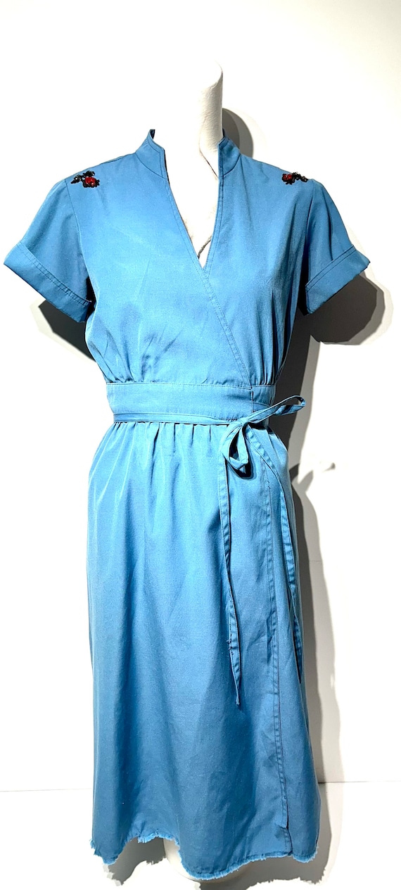 Shelby place blue wrap dress with custom beaded ro