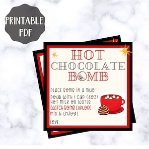 Hot chocolate bomb instructions card, printable tags for chocolate bomb tags, hot cocoa bomb card. Square label, hot chocolate bomb stickers