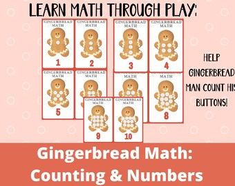 Op de afbeelding: Een set van tien gingerbread man-kaarten met witte knopen. Elke kaart heeft een nummer van 1 tot 10 en de tekst "Gingerbread Math". De tekst "Learn Math Through Play: Help Gingerbread Man Count His Buttons!" staat bovenaan de afbeelding. De tekst "Gingerbread Math: Counting & Numbers" staat onderaan de afbeelding.