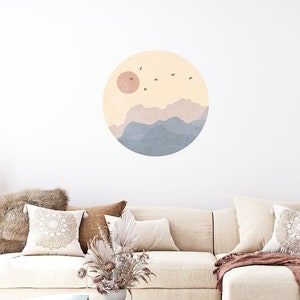 Mountain Layers Wall Decal - Sun, Mountains and Birds - Fabric Wall Sticker - Removable Fabric Decal - Size Options (R450)