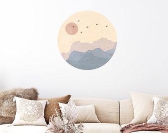 Mountain Layers Wall Decal - Sun, Mountains and Birds - Fabric Wall Sticker - Removable Fabric Decal - Size Options (R450)