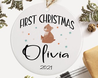 First Christmas Ornament - Personalized with Name and Date or Year - Ceramic Ornament - Custom Christmas Keepsake - Cute Baby Bear Ornament