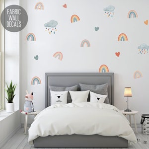 Watercolour Rainbow Set - Fabric Wall Stickers - Rainbows, Hearts and Clouds Wall Decals - Removable and Repositionable Fabric  (R444)