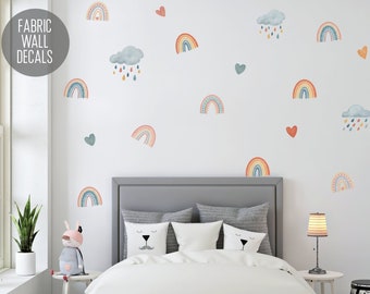 Watercolour Rainbow Set - Fabric Wall Stickers - Rainbows, Hearts and Clouds Wall Decals - Removable and Repositionable Fabric  (R444)