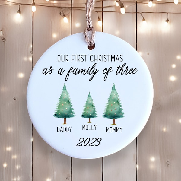 Personalized Ceramic Ornament - Family of Three - Trees with Names - Christmas Keepsake - Family Ornament - New Baby Ornament
