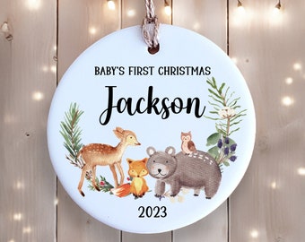 First Christmas Ornament - Personalized with Name and Date or Year - Ceramic  - Custom Christmas Keepsake - Baby Ornament - Animals