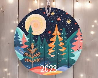 Ceramic Ornament - Christmas 2023 -  Trees, Moon and Stars - Christmas Tree Ornament - 2023 Holiday Ornament Gift Idea