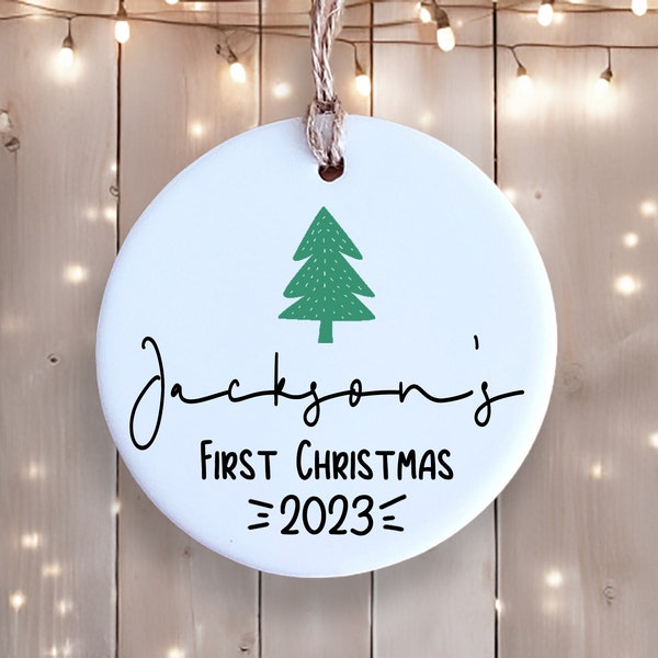 First Christmas Ornament - Personalized with Name and Date or Year - Ceramic Ornament - Custom Christmas Keepsake - Baby Ornament with Tree