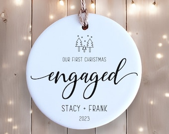 First Christmas Engaged Ornament - Personalized with Names and Date - Ceramic  - Custom - Christmas Keepsake - Couple Ornament
