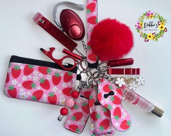 Safety keychain-defense-wristlet-personalized-accessories-coin purse-led light alarm-lip gloss-card grabber-etc-bright pink-red strawberries