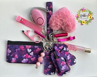 Safety keychain-defense-wristlet-personalized-accessories-coin purse-led light alarm-lip gloss-card grabber-etc-purple pink w/ hearts